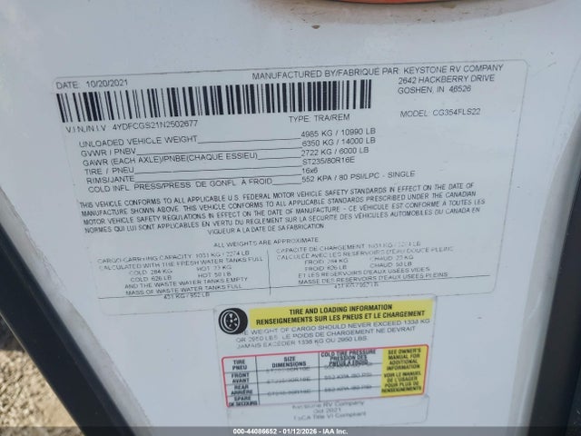 2022 Keystone Rv Cougar 354fls 5th Wheel Travel Trailer მანქანა იყიდება აუქციონზე, vin: 4YDFCGS21N2502677, აუქციონის ნომერი: 44086652