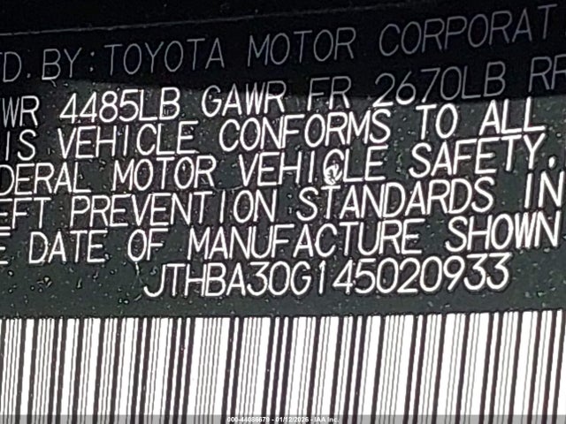 44086679 :رقم المزاد ، JTHBA30G145020933 vin ، 2004 Lexus Es 330 مزاد بيع