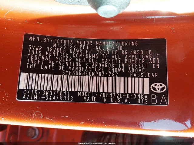 Aukcja sprzedaży 2019 Toyota Corolla Le, vin: 5YFBURHE0KP871782, numer aukcji: 44086739
