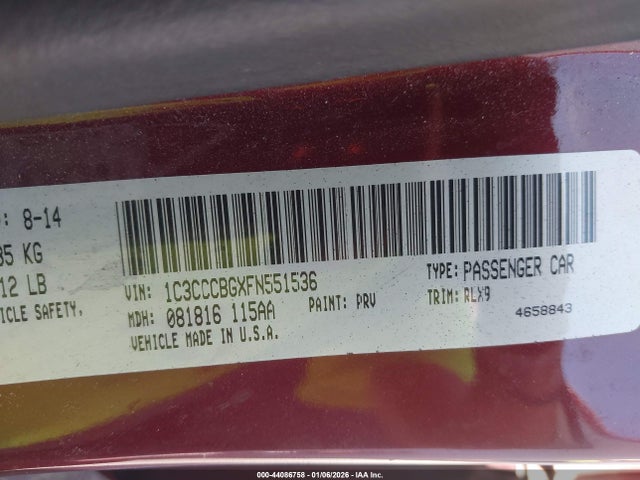 44086758 :رقم المزاد ، 1C3CCCBGXFN551536 vin ، 2015 Chrysler 200 S مزاد بيع