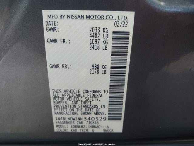 44086893 :رقم المزاد ، 1N4BL4DW2NN340529 vin ، 2022 Nissan Altima Sv Intelligent Awd مزاد بيع