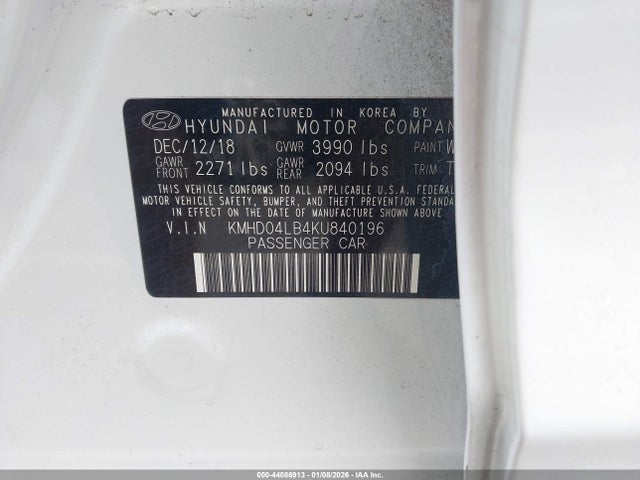 Aukcja sprzedaży 2019 Hyundai Elantra Sport, vin: KMHD04LB4KU840196, numer aukcji: 44086913