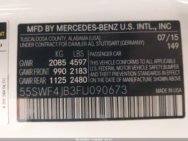 Продажа на аукционе авто 2015 Mercedes-benz C 300 Sport, vin: 55SWF4JB3FU090673, номер лота: 44086932