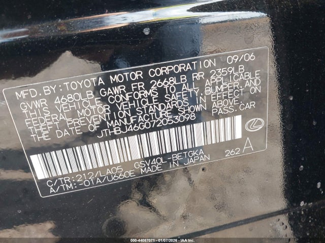 Продаж на аукціоні авто 2007 Lexus Es 350, vin: JTHBJ46G072053098, номер лоту: 44087071