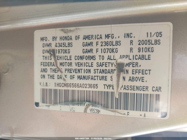 44087268 :رقم المزاد ، 1HGCM66566A023665 vin ، 2006 Honda Accord 3.0 Ex مزاد بيع