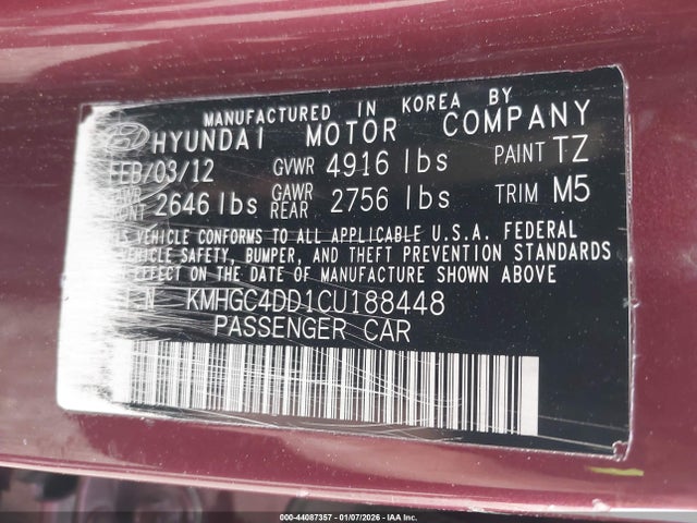 Aukcja sprzedaży 2012 Hyundai Genesis 3.8, vin: KMHGC4DD1CU188448, numer aukcji: 44087357