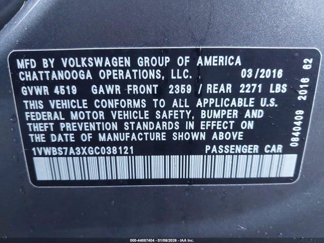 Продаж на аукціоні авто 2016 Volkswagen Passat 1.8t Se, vin: 1VWBS7A3XGC038121, номер лоту: 44087404