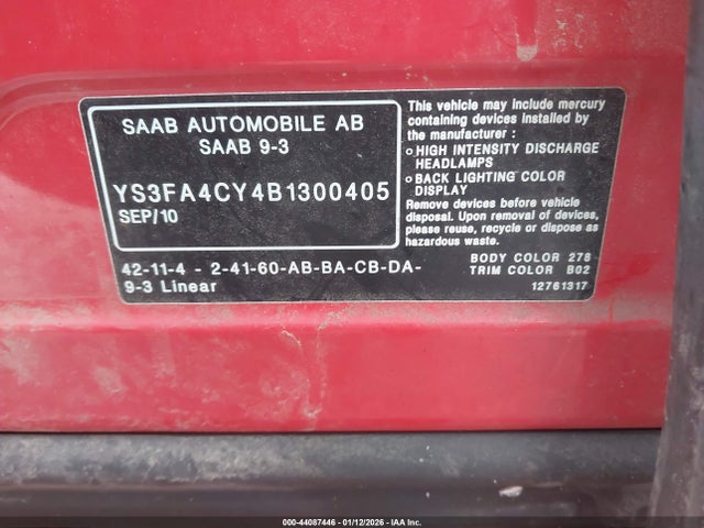 2011 SAAB 9-3 YS3FA4CY4B1300405 Photo 8