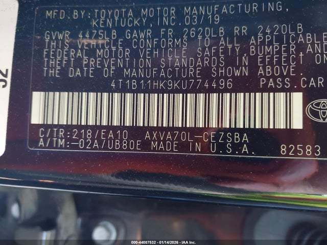 4T1B11HK9KU774496 Toyota CAMRY SE