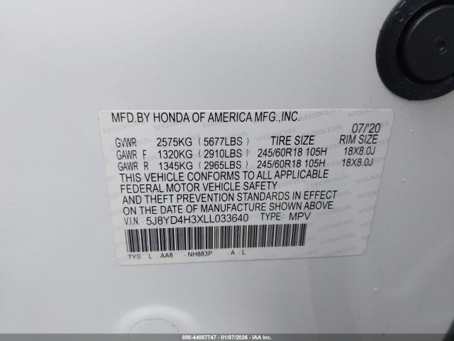 44087747 :رقم المزاد ، 5J8YD4H3XLL033640 vin ، 2020 Acura Mdx Standard مزاد بيع