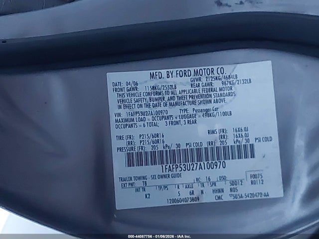 2007 FORD TAURUS 1FAFP53U27A100970 Photo 8