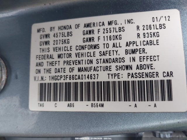 Продаж на аукціоні авто 2012 Honda Accord 3.5 Ex-l, vin: 1HGCP3F86CA014637, номер лоту: 44087815