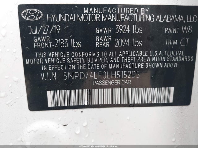 44087954 :رقم المزاد ، 5NPD74LF0LH515205 vin ، 2020 Hyundai Elantra Se مزاد بيع