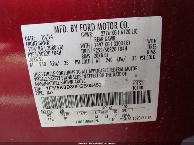 Ford EXPLORER XLT 2015 1FM5K8D80FGB08452 Image 9