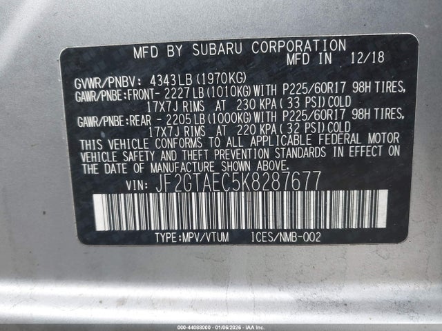 Subaru Crosstrek 2.0i Premium 2019 JF2GTAEC5K8287677 Image 9