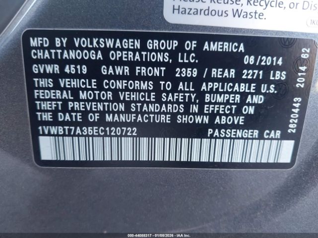 2014 VOLKSWAGEN PASSAT 1VWBT7A35EC120722 Photo 8