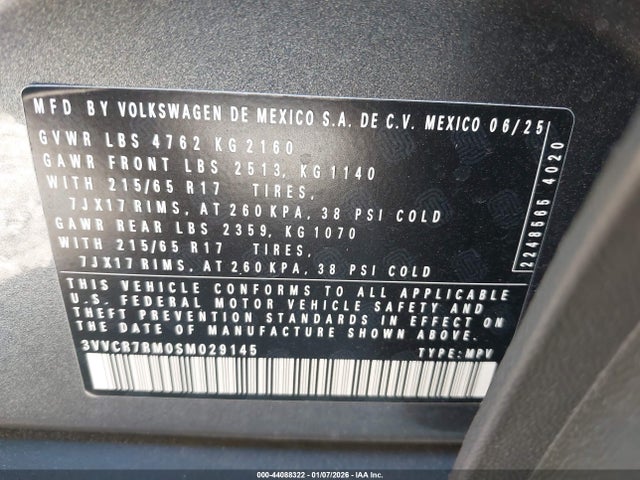 44088322 :رقم المزاد ، 3VVCR7RM0SM029145 vin ، 2025 Volkswagen Tiguan 2.0t S مزاد بيع