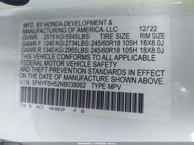Honda Pilot 2wd Ex-l 2022 5FNYF5H52NB038062 Image 9