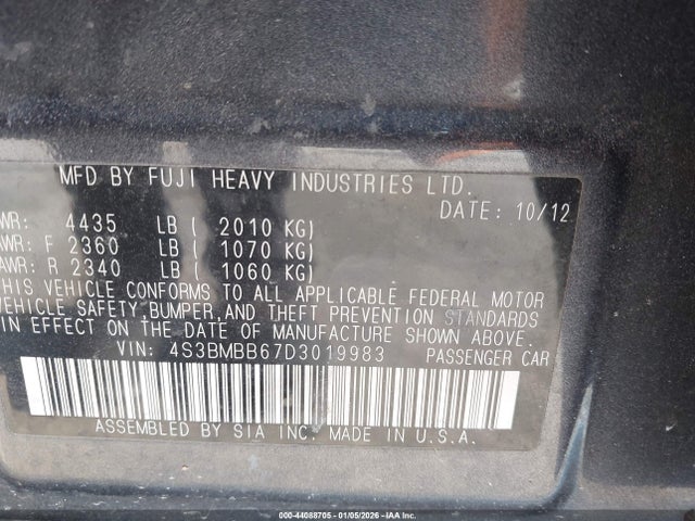 2013 Subaru Legacy 2.5i Premium მანქანა იყიდება აუქციონზე, vin: 4S3BMBB67D3019983, აუქციონის ნომერი: 44088705