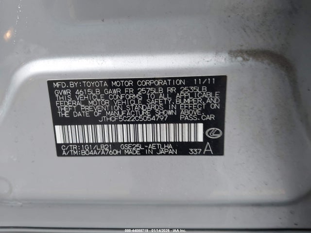Auction sale of the 2012 Lexus Is 250, vin: JTHCF5C22C5054797, lot number: 44088719
