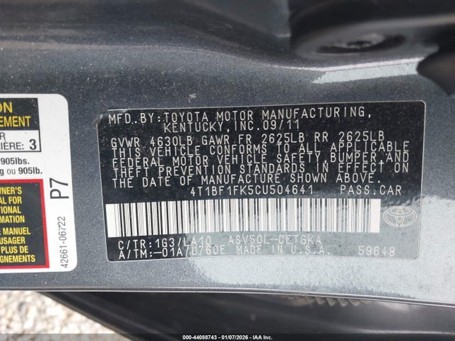 Aukcja sprzedaży 2012 Toyota Camry Xle, vin: 4T1BF1FK5CU504641, numer aukcji: 44088743