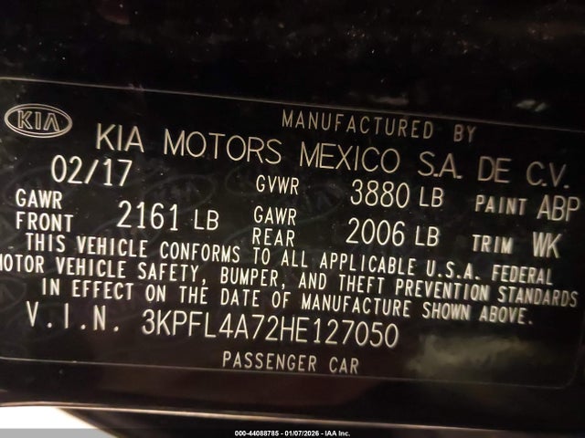 Aukcja sprzedaży 2017 Kia Forte S, vin: 3KPFL4A72HE127050, numer aukcji: 44088785