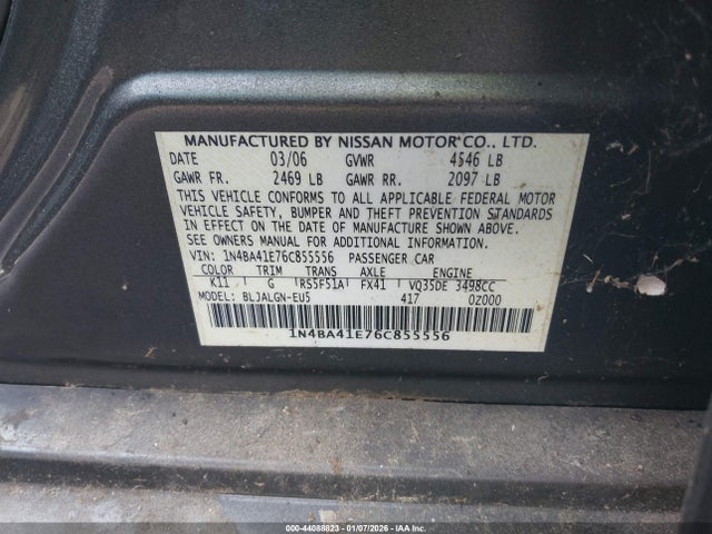 44088823 :رقم المزاد ، 1N4BA41E76C855556 vin ، 2006 Nissan Maxima 3.5 Sl مزاد بيع
