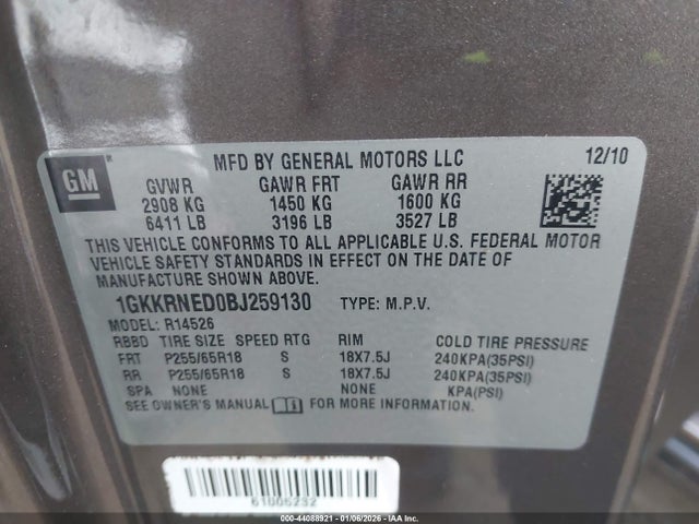 44088921 :رقم المزاد ، 1GKKRNED0BJ259130 vin ، 2011 Gmc Acadia Sl مزاد بيع