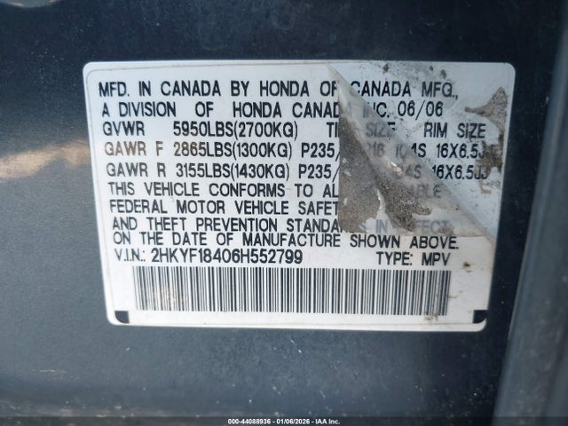 2006 HONDA PILOT 2HKYF18406H552799 Photo 8
