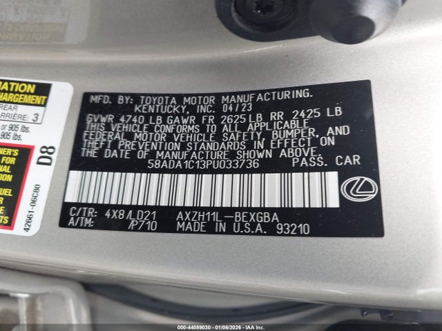 Aukcja sprzedaży 2023 Lexus Es 300h, vin: 58ADA1C13PU033736, numer aukcji: 44089030