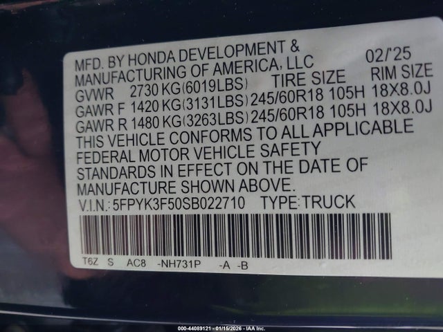Aukcja sprzedaży 2025 Honda Ridgeline Rtl, vin: 5FPYK3F50SB022710, numer aukcji: 44089121