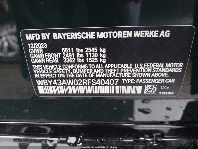 Aukcja sprzedaży 2024 Bmw I4 Gran Coupe Edrive35, vin: WBY43AW02RFS40407, numer aukcji: 44089175