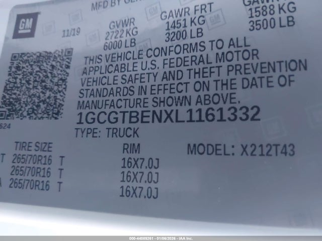 1GCGTBENXL1161332 Chevrolet Colorado 4wd Long Box Wt