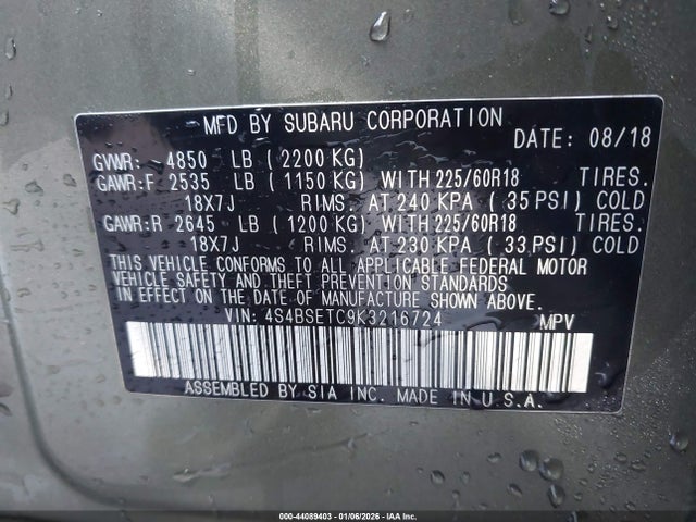 Subaru Outback 3.6r Touring 2019 4S4BSETC9K3216724 Image 9