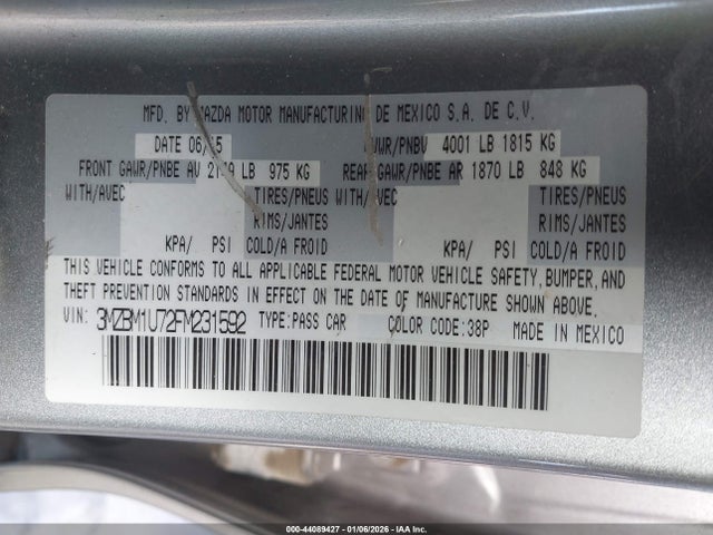 44089427 :رقم المزاد ، 3MZBM1U72FM231592 vin ، 2015 Mazda Mazda3 I Sport مزاد بيع