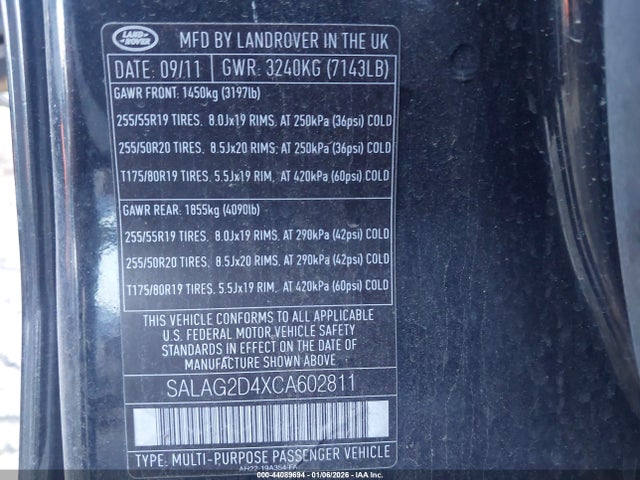 2012 Land Rover Lr4 მანქანა იყიდება აუქციონზე, vin: SALAG2D4XCA602811, აუქციონის ნომერი: 44089694