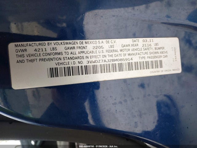 Продажа на аукционе авто 2011 Volkswagen Jetta 2.5l Se, vin: 3VWDZ7AJ2BM085914, номер лота: 44089700