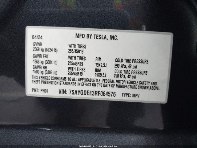 Продаж на аукціоні авто 2024 Tesla Model Y Long Range Dual Motor All-wheel Drive, vin: 7SAYGDEE3RF064576, номер лоту: 44089716
