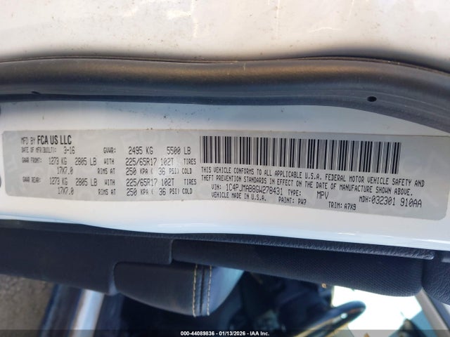 Aukcja sprzedaży 2016 Jeep Cherokee Sport, vin: 1C4PJMAB8GW278431, numer aukcji: 44089836
