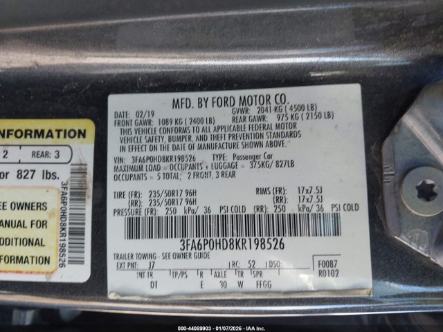 Продаж на аукціоні авто 2019 Ford Fusion Se, vin: 3FA6P0HD8KR198526, номер лоту: 44089903