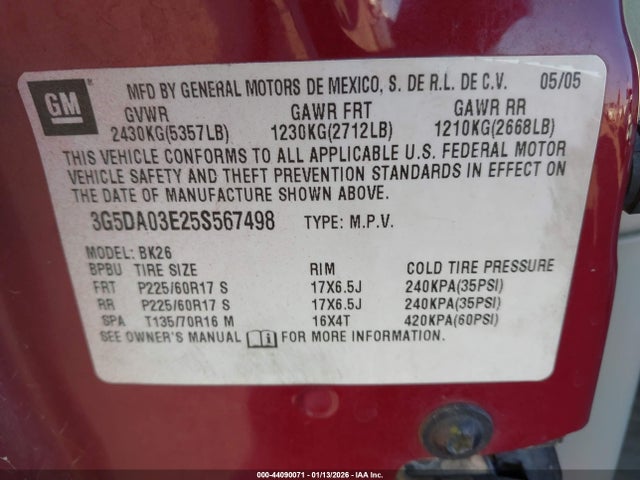 2005 Buick Rendezvous Cx მანქანა იყიდება აუქციონზე, vin: 3G5DA03E25S567498, აუქციონის ნომერი: 44090071