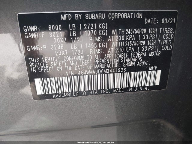 Aukcja sprzedaży 2021 Subaru Ascent Limited, vin: 4S4WMAJD6M3441928, numer aukcji: 44090139