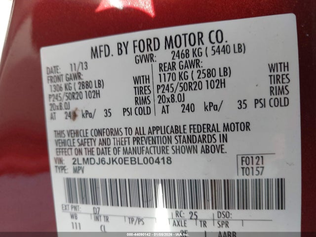 Продажа на аукционе авто 2014 Lincoln Mkx, vin: 2LMDJ6JK0EBL00418, номер лота: 44090142