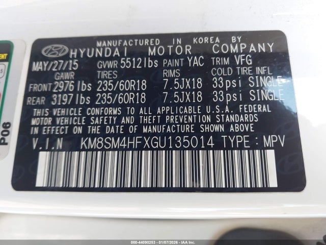 KM8SM4HFXGU135014 Hyundai Santa Fe Se