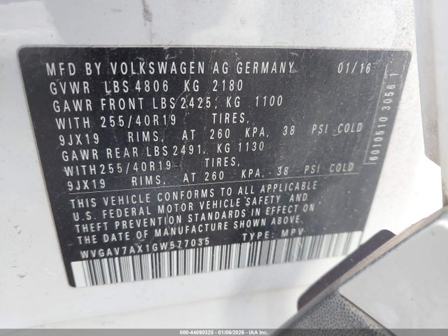 Продажа на аукционе авто 2016 Volkswagen Tiguan Sel, vin: WVGAV7AX1GW577035, номер лота: 44090325