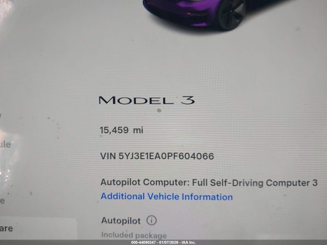Продаж на аукціоні авто 2023 Tesla Model 3 Rear-wheel Drive, vin: 5YJ3E1EA0PF604066, номер лоту: 44090347