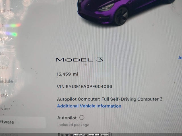 Продаж на аукціоні авто 2023 Tesla Model 3 Rear-wheel Drive, vin: 5YJ3E1EA0PF604066, номер лоту: 44090347