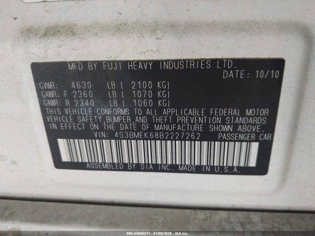 Aukcja sprzedaży 2011 Subaru Legacy 3.6r Limited, vin: 4S3BMEK68B2227262, numer aukcji: 44090371