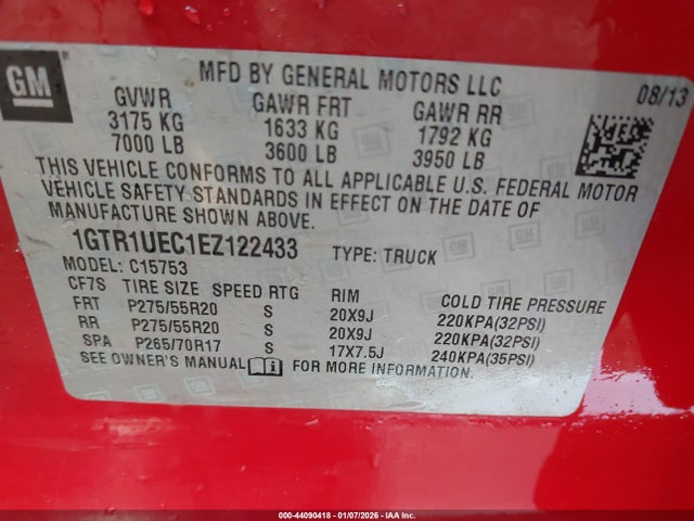 44090418 :رقم المزاد ، 1GTR1UEC1EZ122433 vin ، 2014 Gmc Sierra 1500 Sle مزاد بيع