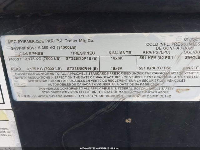 4P5DL1427M1359605 Pj Trailers Dump